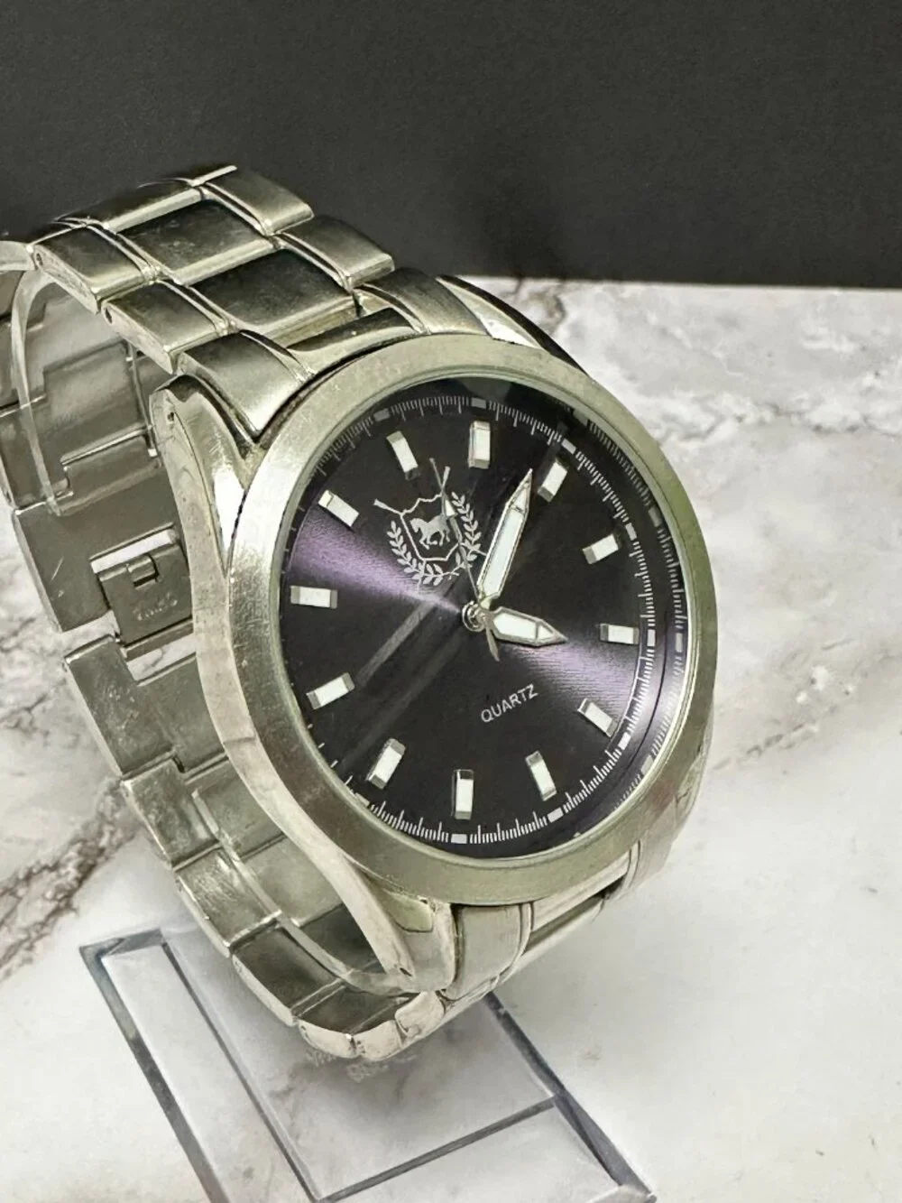 3/$30 Accutime Watch Men Silver Tone Purple Round 42MM Dial New Battery 8.5 Inch